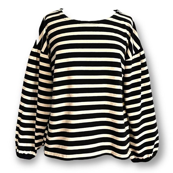 J. Crew Tops - J Crew Mariner Stripe Puff Sleeve Top Womens Sz L Black Natural Preppy Nautical